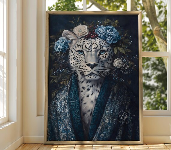 Snow Leopard Blue Floral Crown Midnight Cloak Elegant Portrait Print