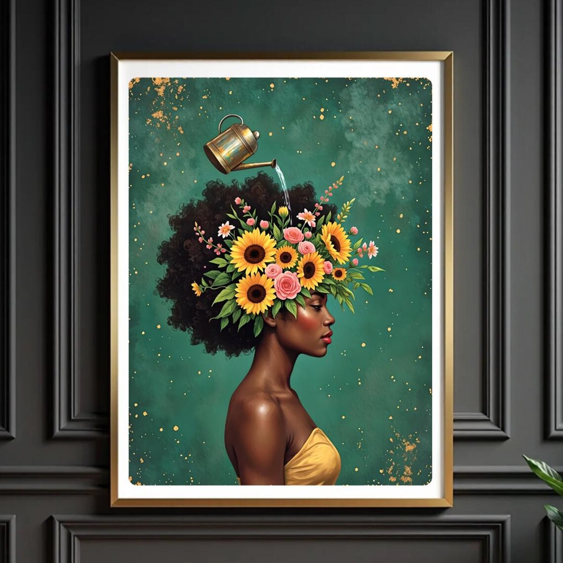 Black Woman Floral Afro Watering Can Sunflower Empowerment Art Poster