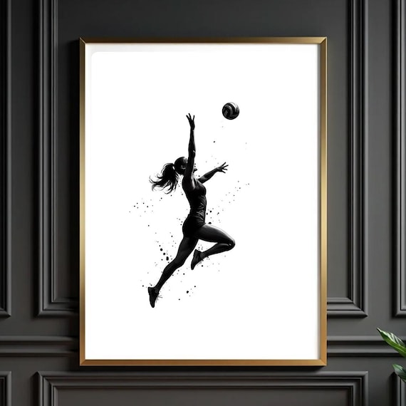 Female Volleyball Player Jump Spike Silhouette Black White Sports Poster