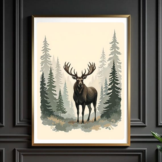 Moose Wall Art Minimalist Forest Animal Print Rustic Lodge Decor Neutral Nature