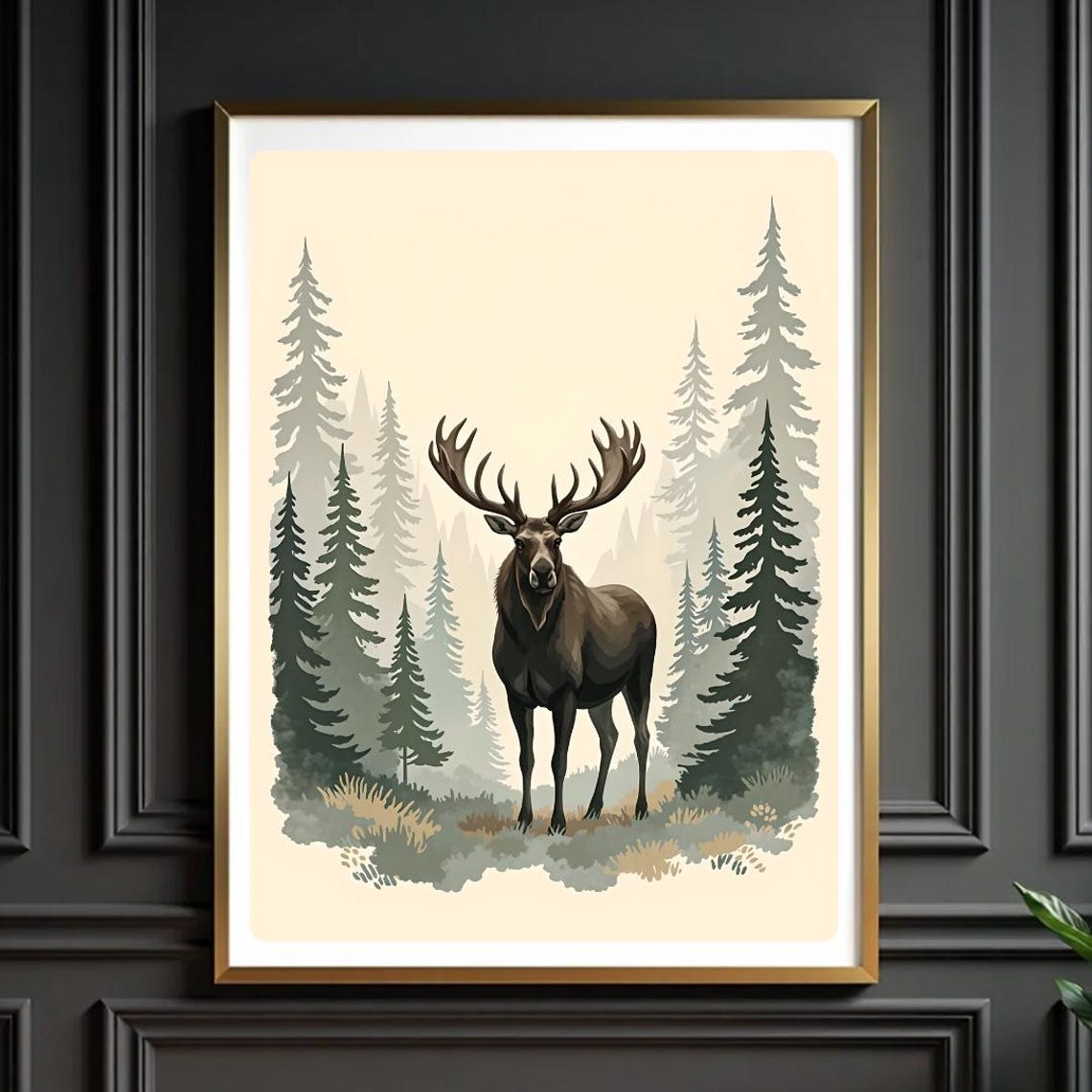 Majestic Moose In Pine Forest Minimalist Wildlife Lodge Art Poster