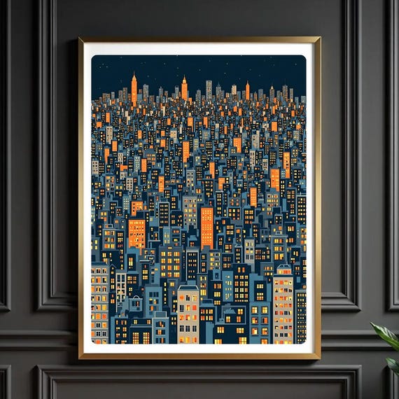 Cityscape Illustration Print Urban Skyline Night Lights Jpg File 3456x4608 Px