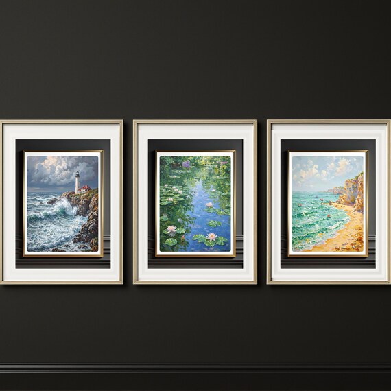 Coastal 3 Piece Wall Art Set Lighthouse Water Lilies Beach Scene