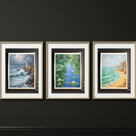 Coastal Landscape Print Set Lighthouse Monet Pond Beach
