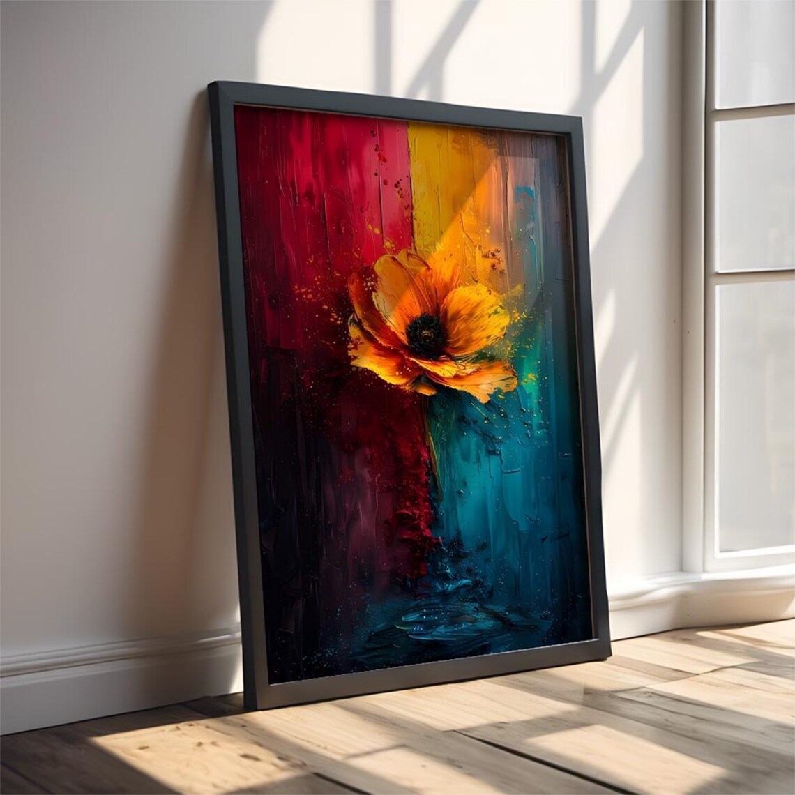 Single Orange Poppy on Abstract Red Teal Canvas Floral Poster - Image 3