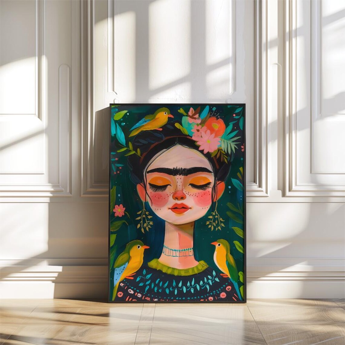 Bohemian Woman with Flower Crown and Songbirds Folk Art Poster - Image 2