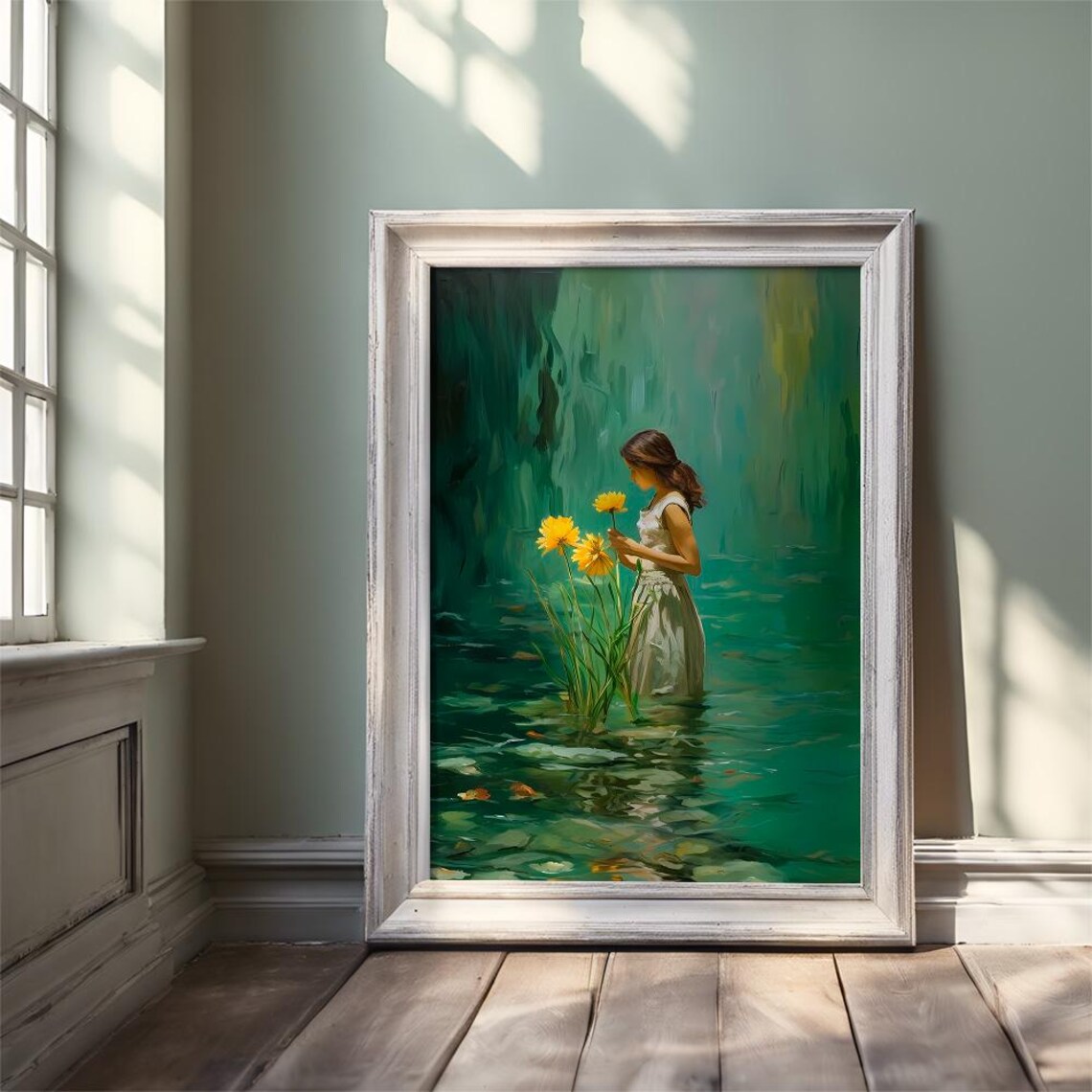 Woman in Emerald Water With Yellow Flowers Impressionist Poster - Image 2