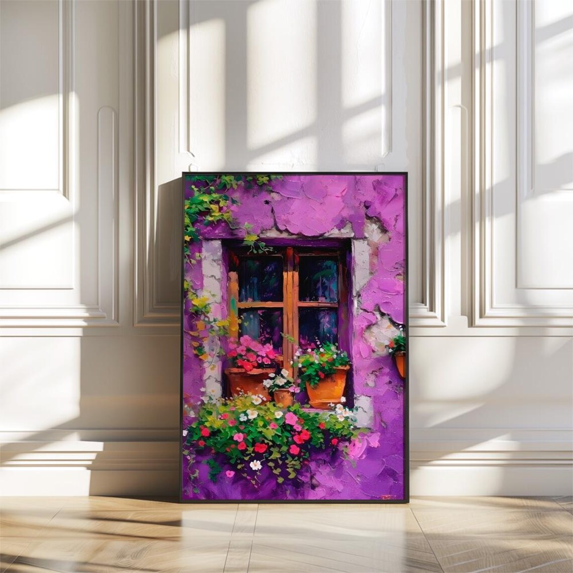 Purple Stucco Window With Flower Pots Colorful Mediterranean Poster - Image 2