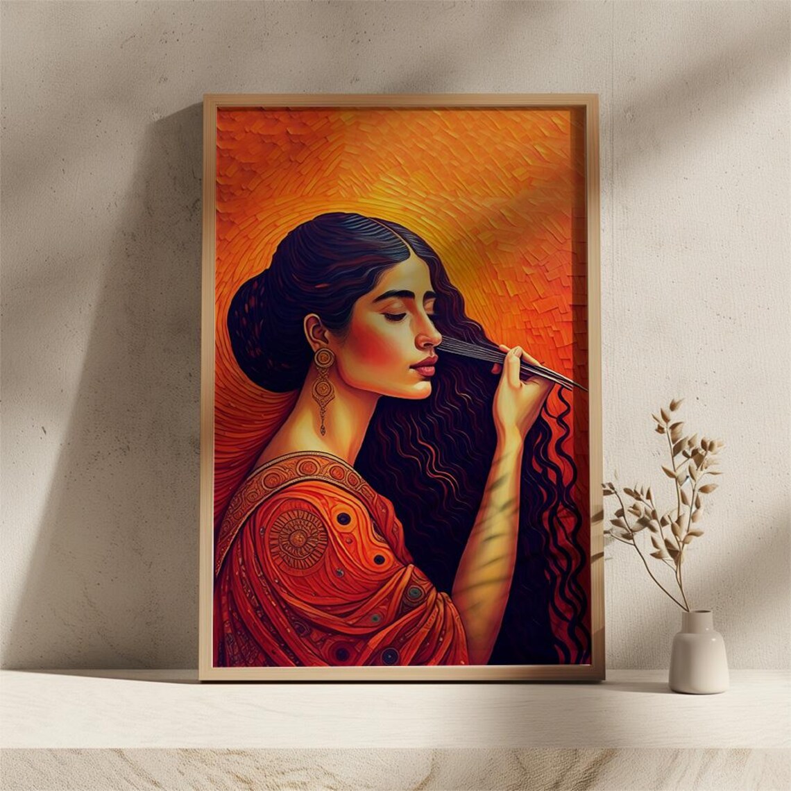 Woman Combing Long Dark Hair Warm Bohemian Portrait Art Poster - Image 2