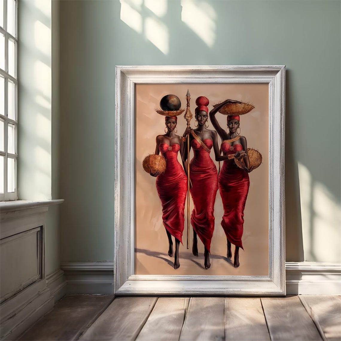 Three African Women in Red Dresses Carrying Baskets Art Poster - Image 3