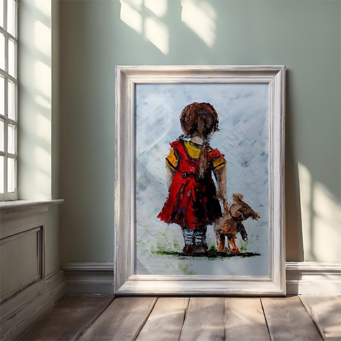 Little Girl in Red Dress With Teddy Bear Nostalgic Art Poster - Image 2