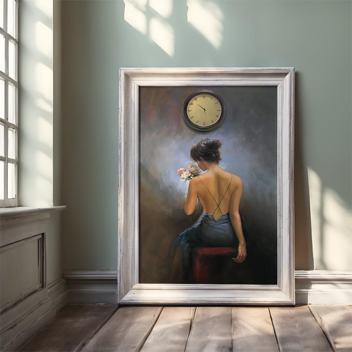 Elegant Woman in Backless Dress Beneath a Wall Clock Art Poster - Image 3