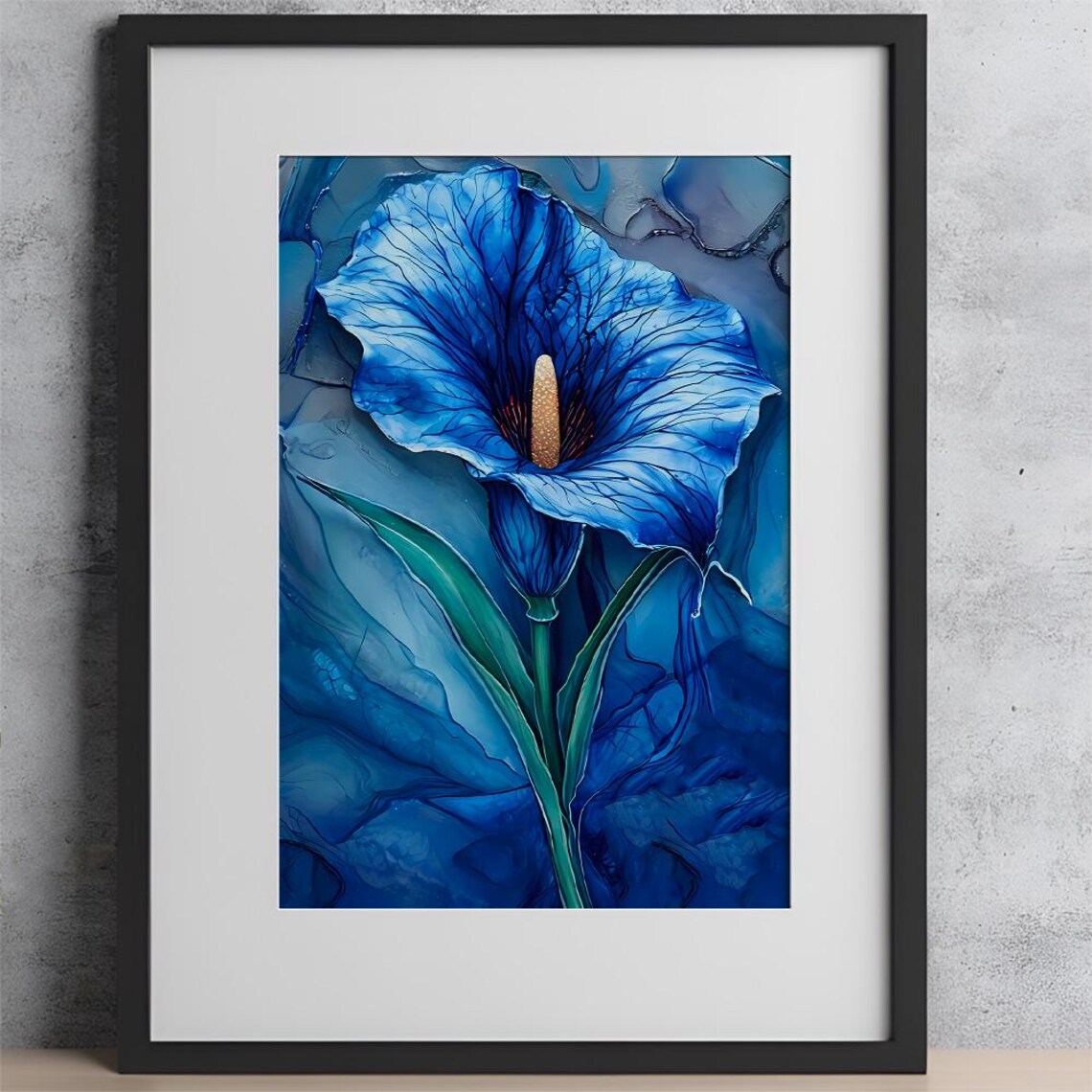Deep Blue Calla Lily in Alcohol Ink Botanical Painting Poster - Image 2