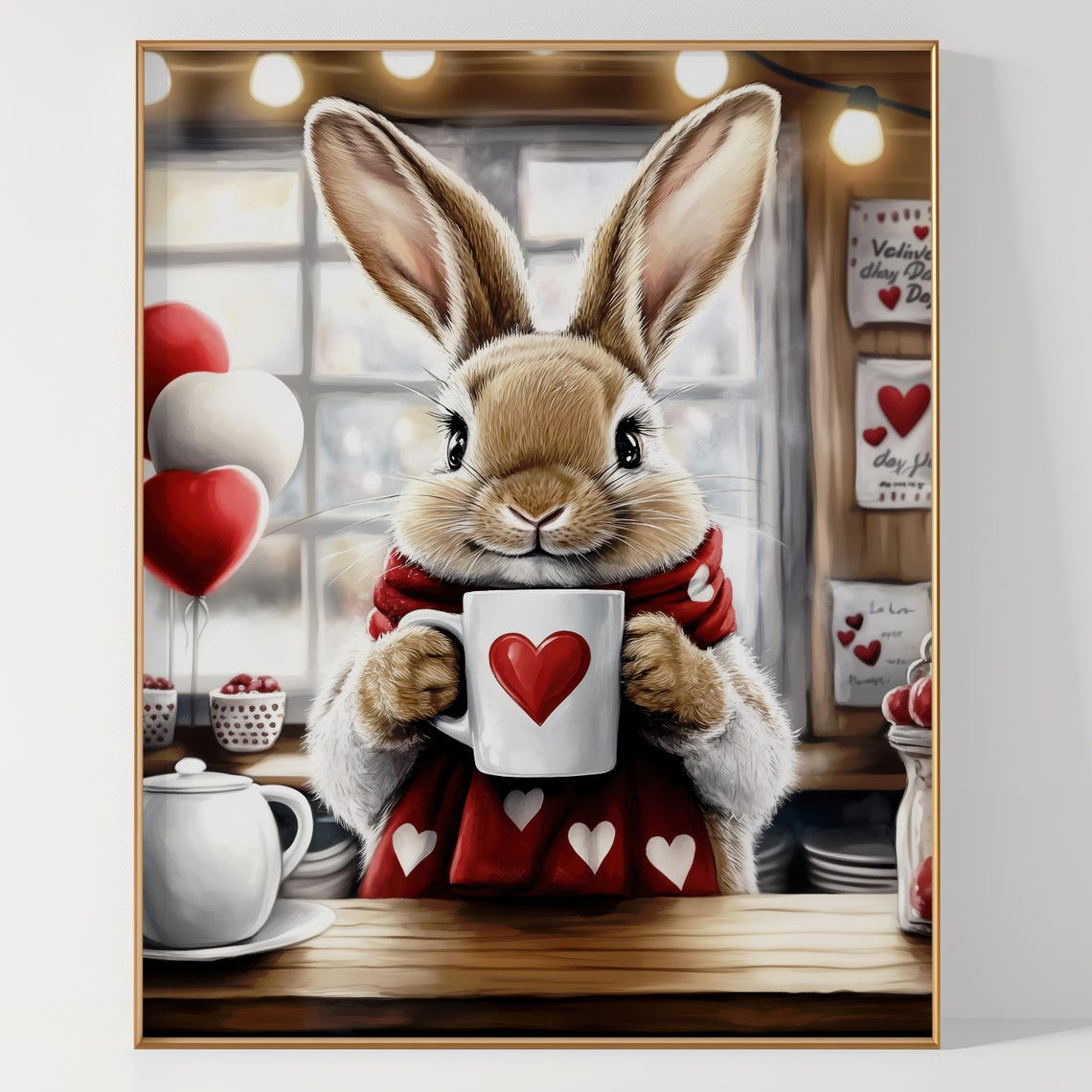 Bunny in Heart Scarf Drinking Cocoa Cafe Valentine Art Poster