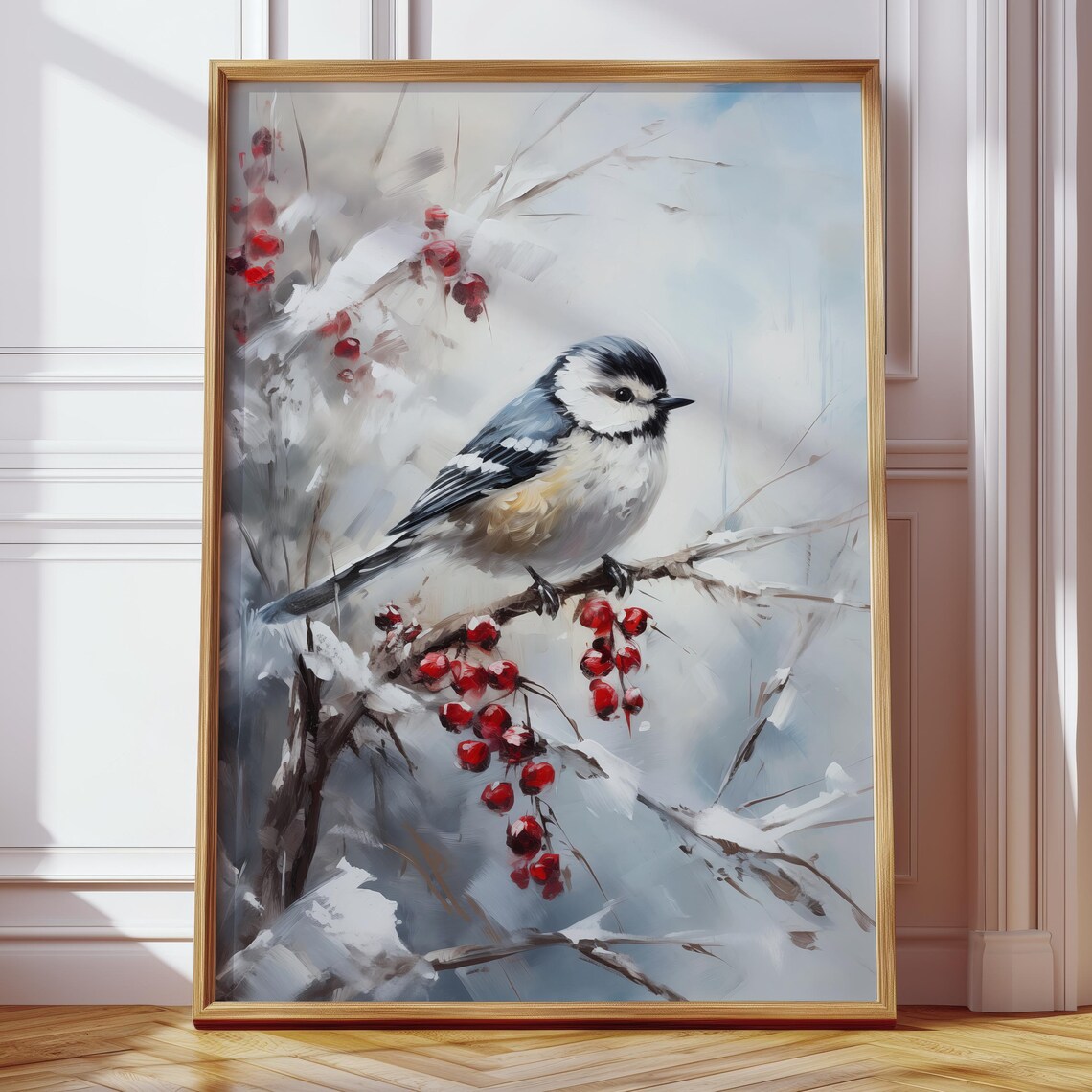 Chickadee on a Snowy Branch with Red Winter Berries Painting Poster - Image 4