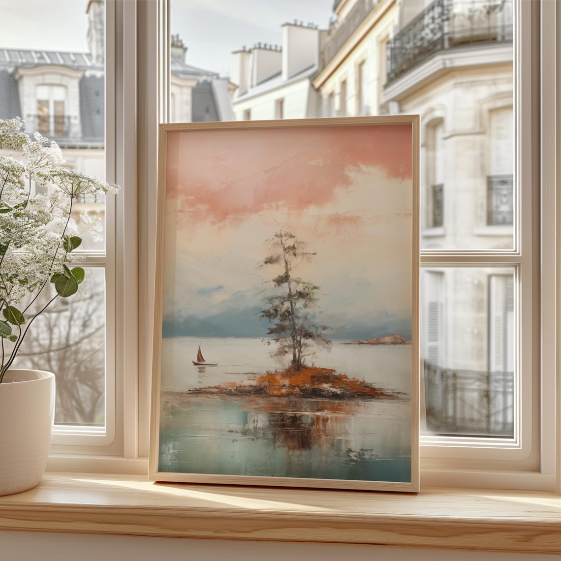 Lone Tree on a Small Island with Sailboat at Sunset Lake Poster - Image 2