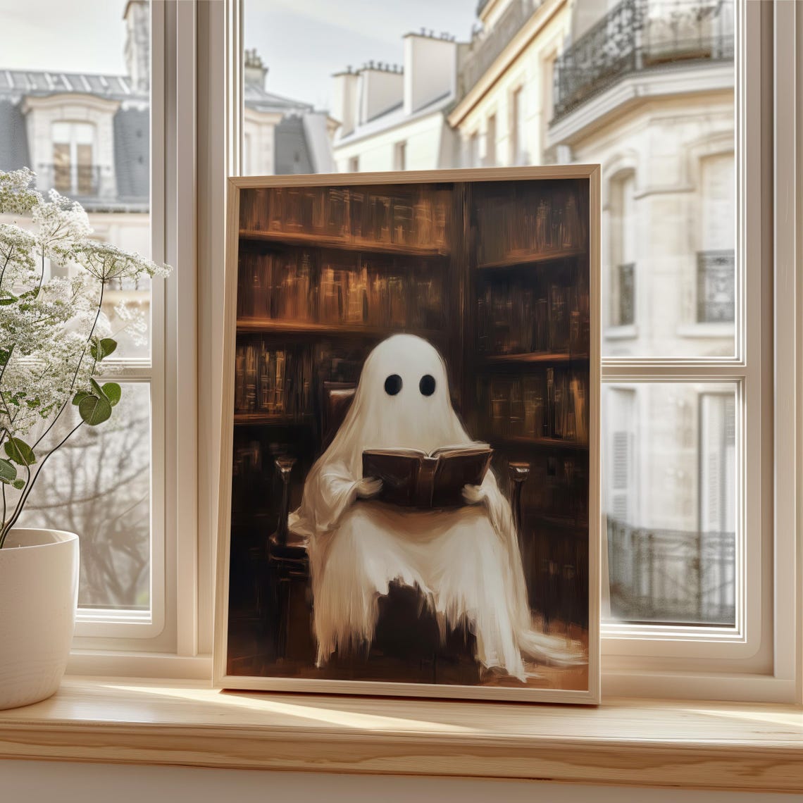 Cute Ghost Reading Book in Cozy Library Dark Academia Poster - Image 4