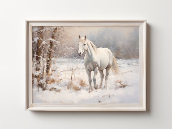 White Horse in a Snowy Forest Winter Landscape Painting Poster