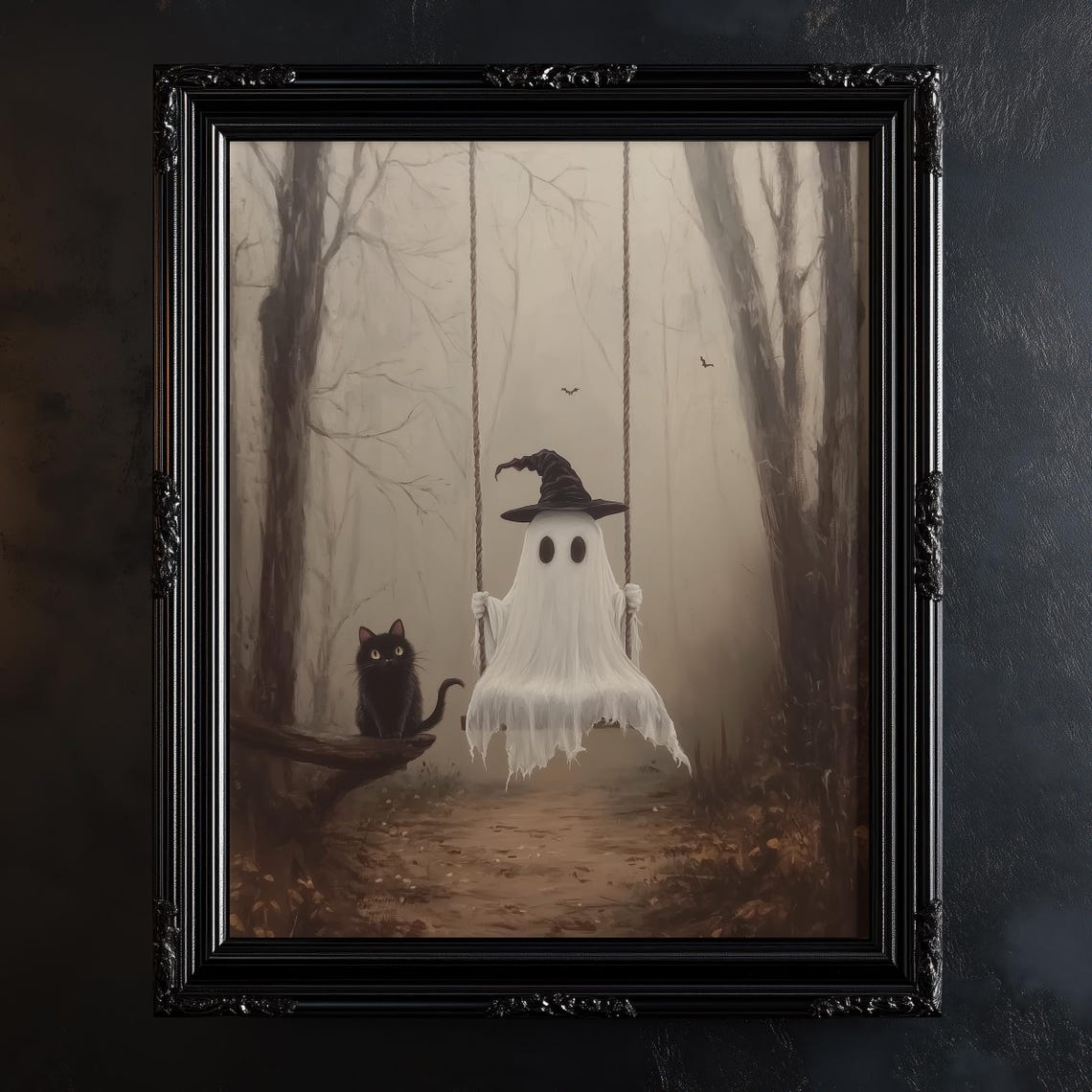 Cute Ghost on a Swing with Black Cat in a Misty Forest Poster - Image 4