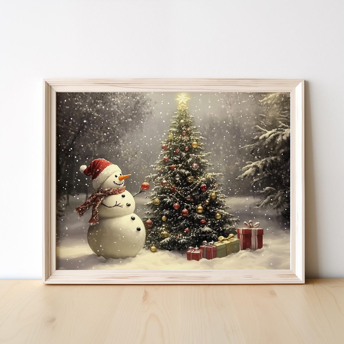 Snowman by a Decorated Christmas Tree with Gifts Winter Poster - Image 4