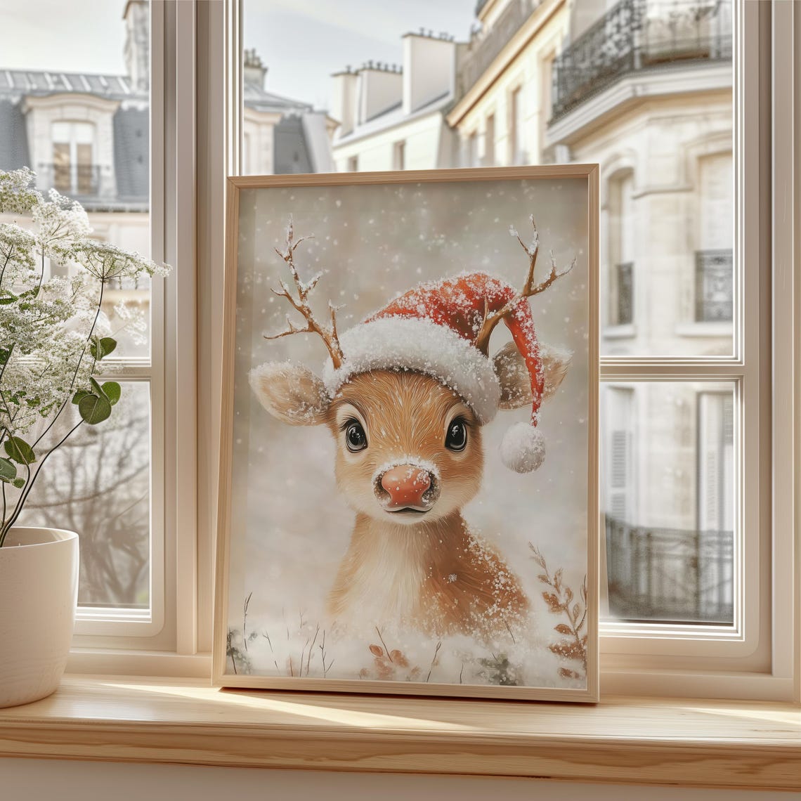 Cute Baby Reindeer Wearing Santa Hat with Red Nose in Snow Poster - Image 3