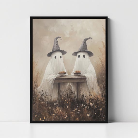 Cute Ghosts Picnic In Wildflower Field Print Spooky Halloween Fall Painting Wall Art Moody Ghost Autumn Decor