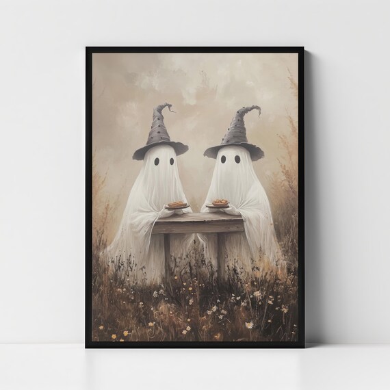 Two Cute Ghosts in Witch Hats Sharing Pie Vintage Halloween Poster