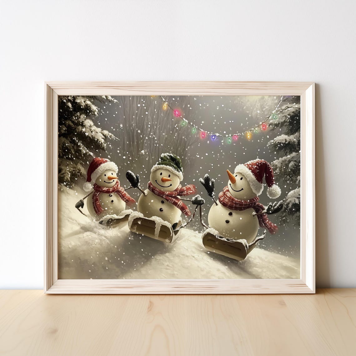 Three Snowmen Sledding in Falling Snow Vintage Christmas Art Poster - Image 4