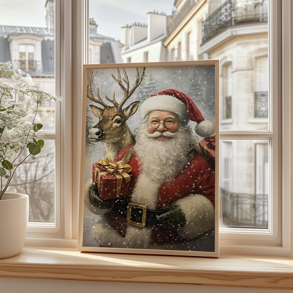 Santa Claus with Reindeer Holding a Gift Christmas Painting Poster - Image 3