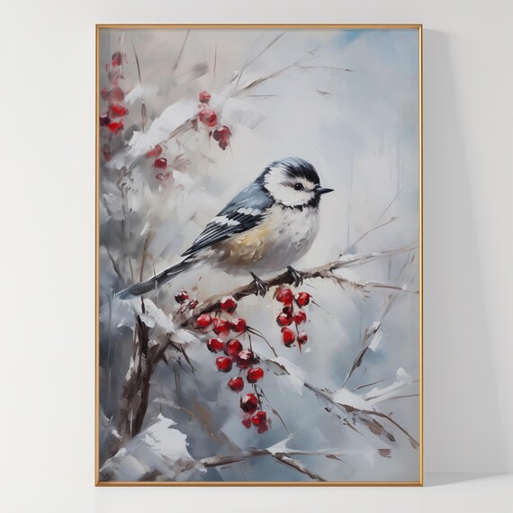 Chickadee on a Snowy Branch with Red Winter Berries Painting Poster