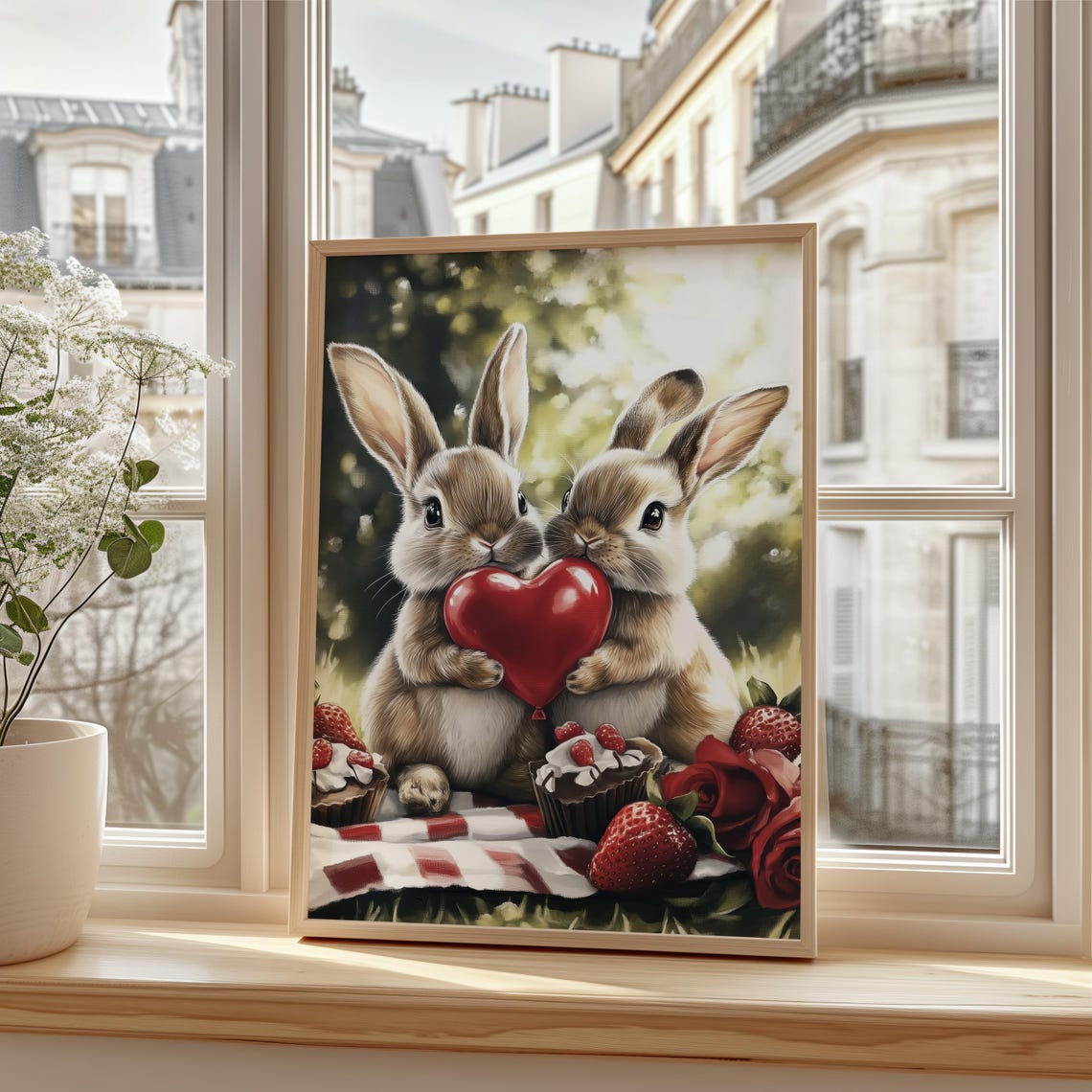Two Bunnies Sharing Heart Balloon Strawberry Picnic Art Poster - Image 3