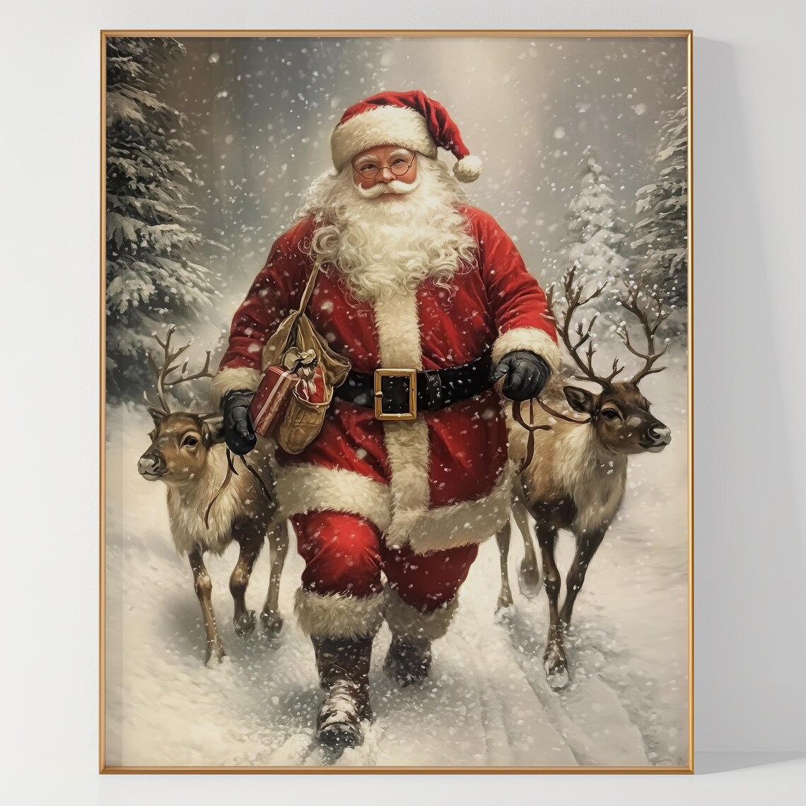 Santa Claus Carrying Gifts with Reindeer Through Falling Snow Poster