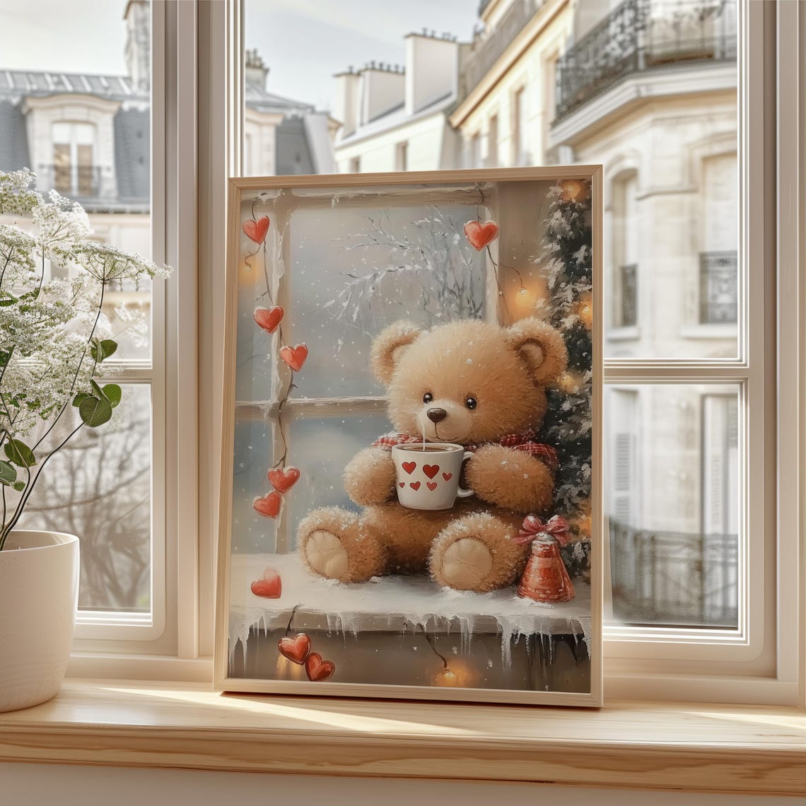 Teddy Bear with Heart Mug on Snowy Windowsill Cozy Winter Poster - Image 3