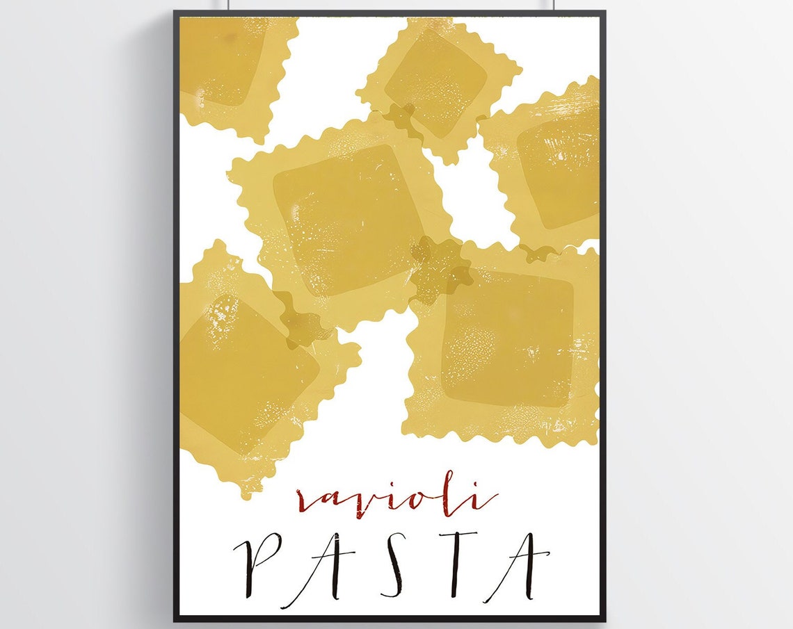Ravioli Pasta Golden Illustration Script Typography Kitchen Art Poster