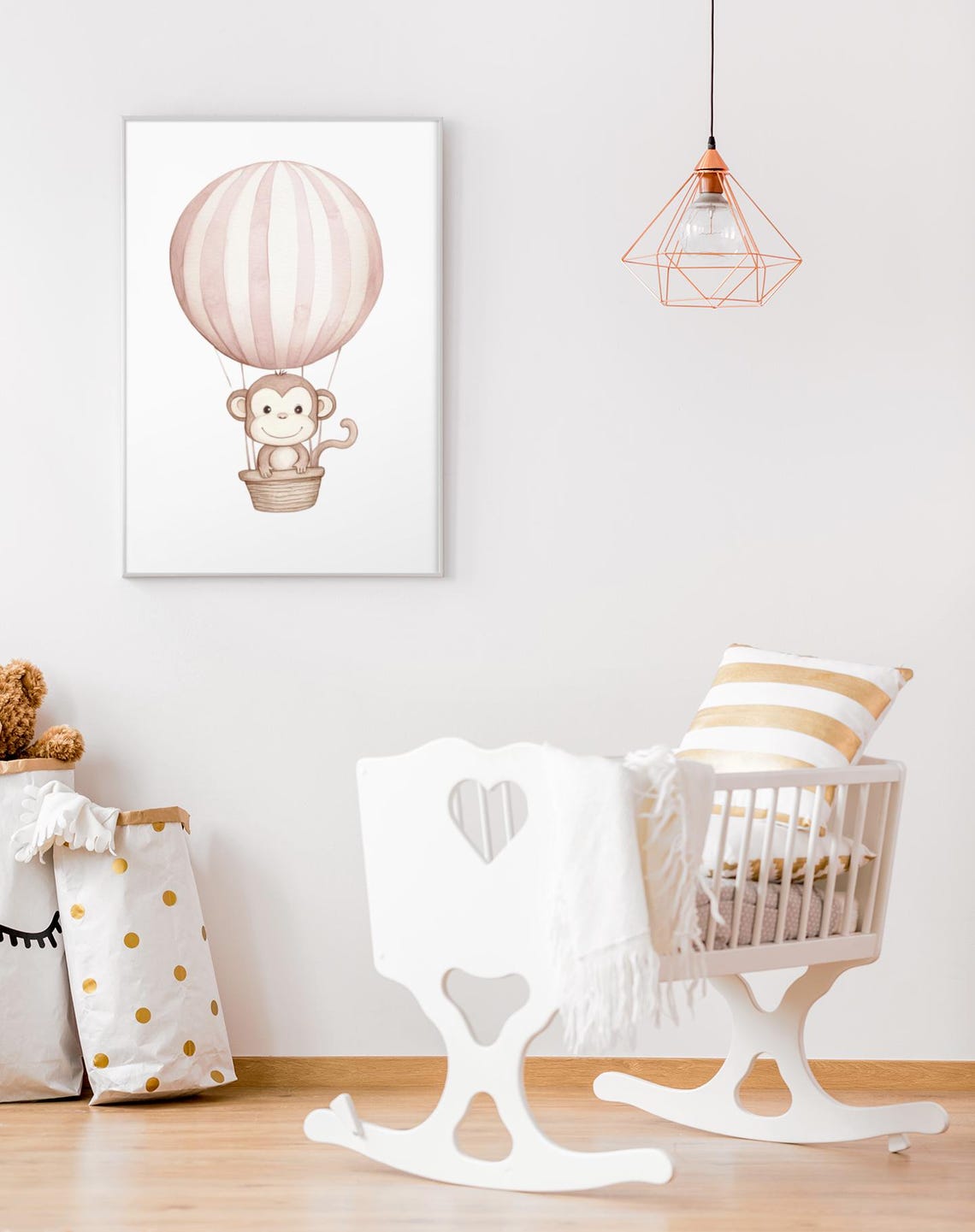 Playful Monkey in Pink Hot Air Balloon Watercolor Nursery Wall Art - Image 3