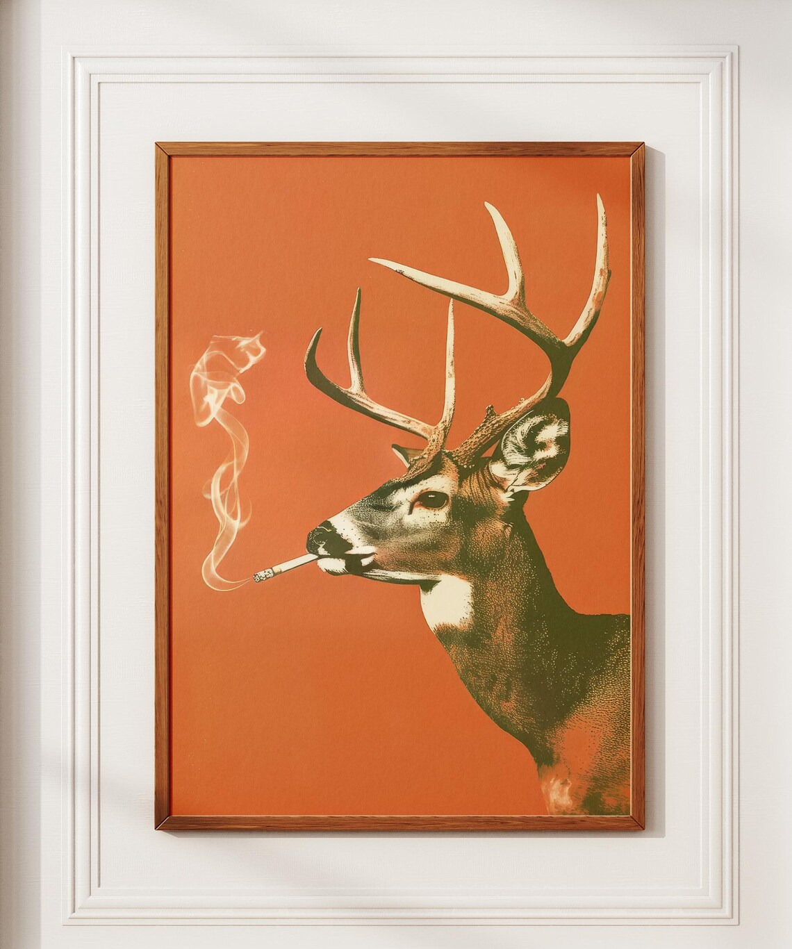 Whitetail Buck Smoking a Cigarette on Burnt Orange Vintage Poster