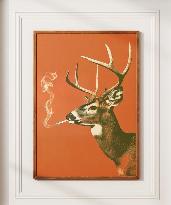 Whitetail Buck Smoking a Cigarette on Burnt Orange Vintage Poster