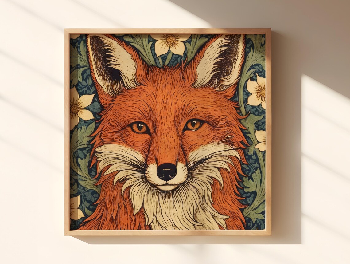 Red Fox Portrait in William Morris Floral Botanical Style Poster - Image 3