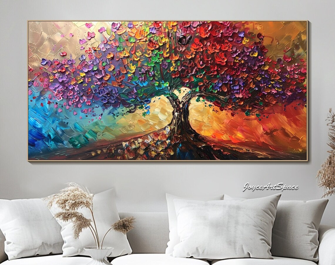 Abstract Colorful Tree Oil Painting, Boho Wall Art Print