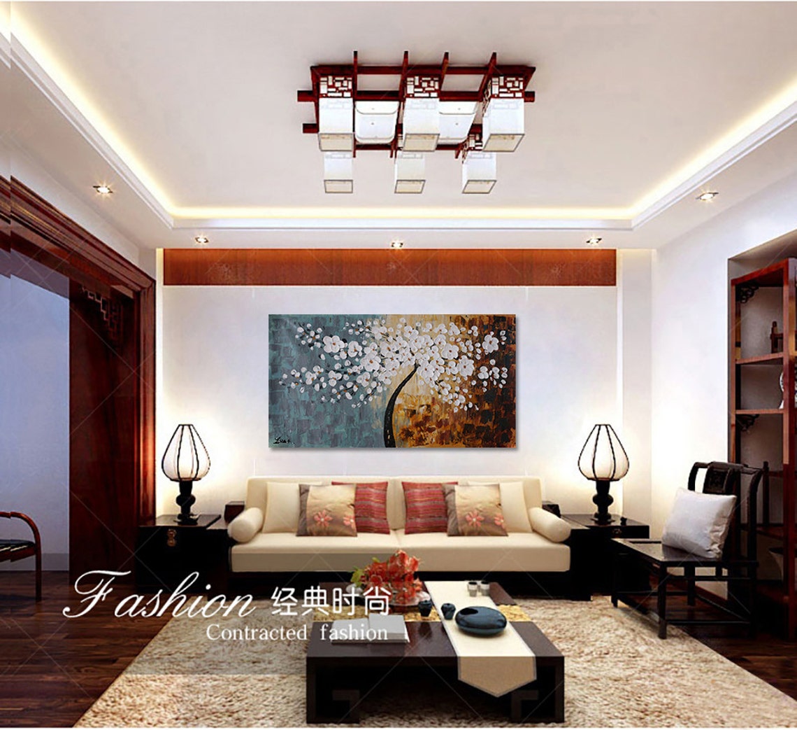 White Flowering Tree On Teal Amber Split Canvas Oil Paint Poster - Image 2