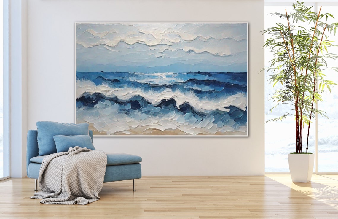 Thick Textured Blue Ocean Waves Abstract Palette Knife Poster - Image 2