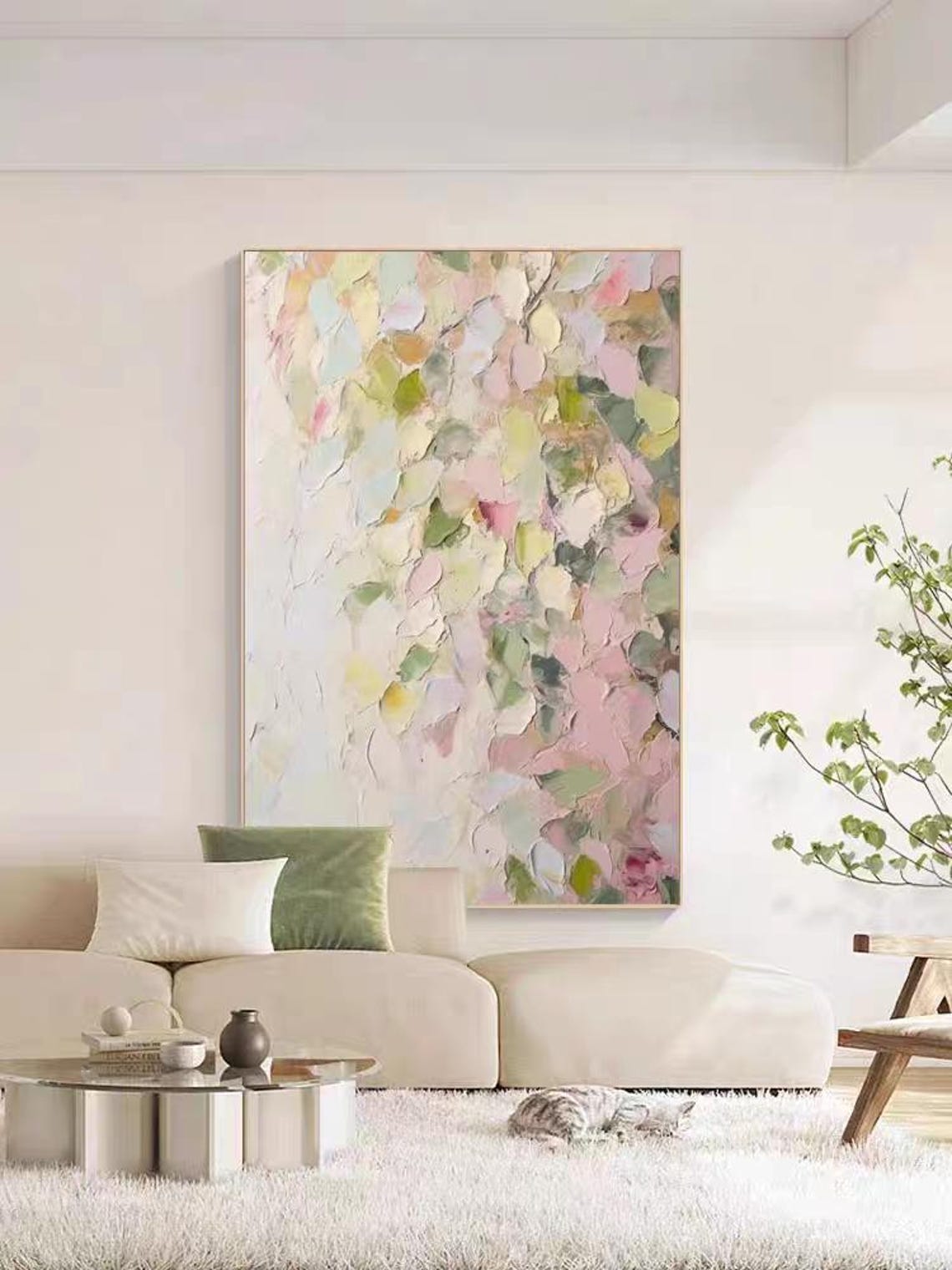 Pastel Pink Petals and Green Leaves Textured Abstract Poster - Image 3