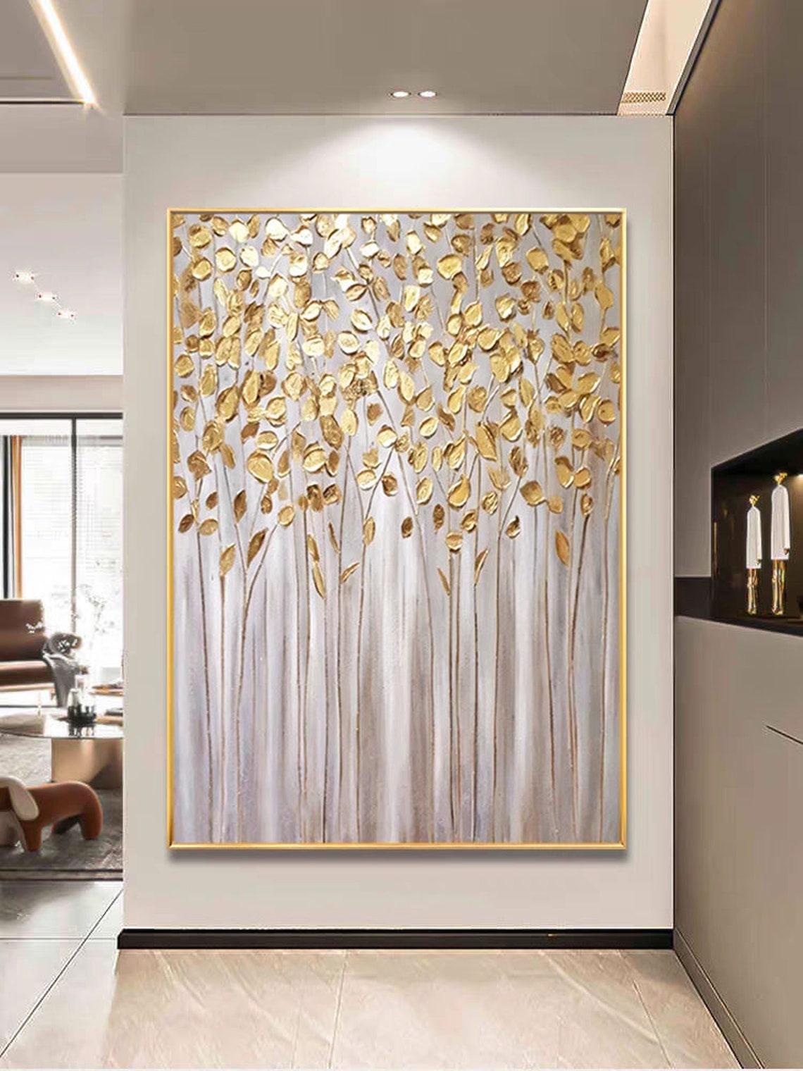 Golden Leaf Trees With White Stems Vertical Foil Effect Artwork Poster - Image 3