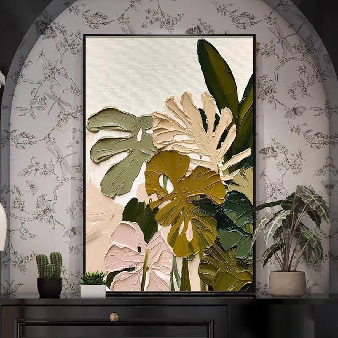 Tropical Monstera Leaves Green Botanical Impasto Vertical Poster - Image 2
