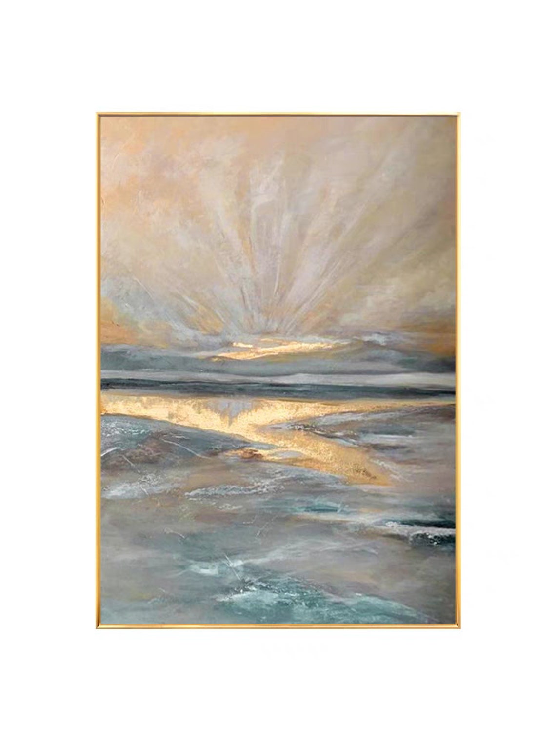 Sunrise And Lakeside Acrylic Painting Oversized Art Custom Vertical Hallway Wall Art Personal Gift Extra Large Golden Blue Abstract Painting - Image 4