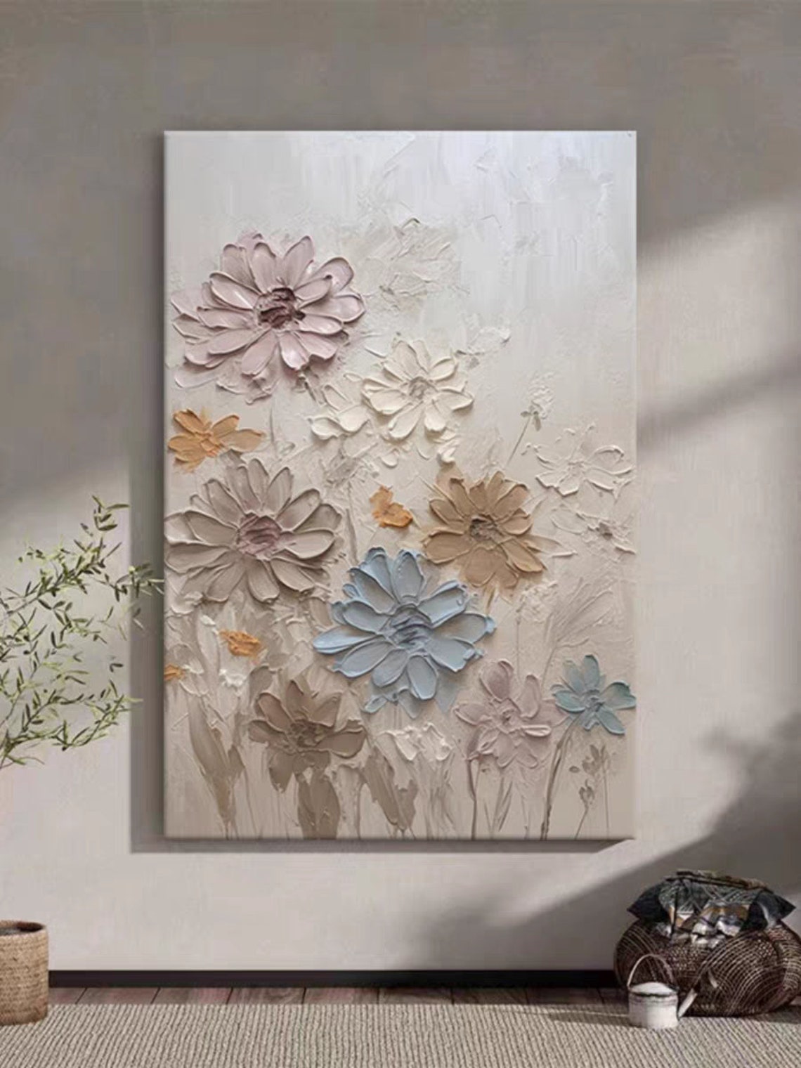 Neutral Sculpted Flowers Beige Blue Muted 3D Relief Floral Poster - Image 2
