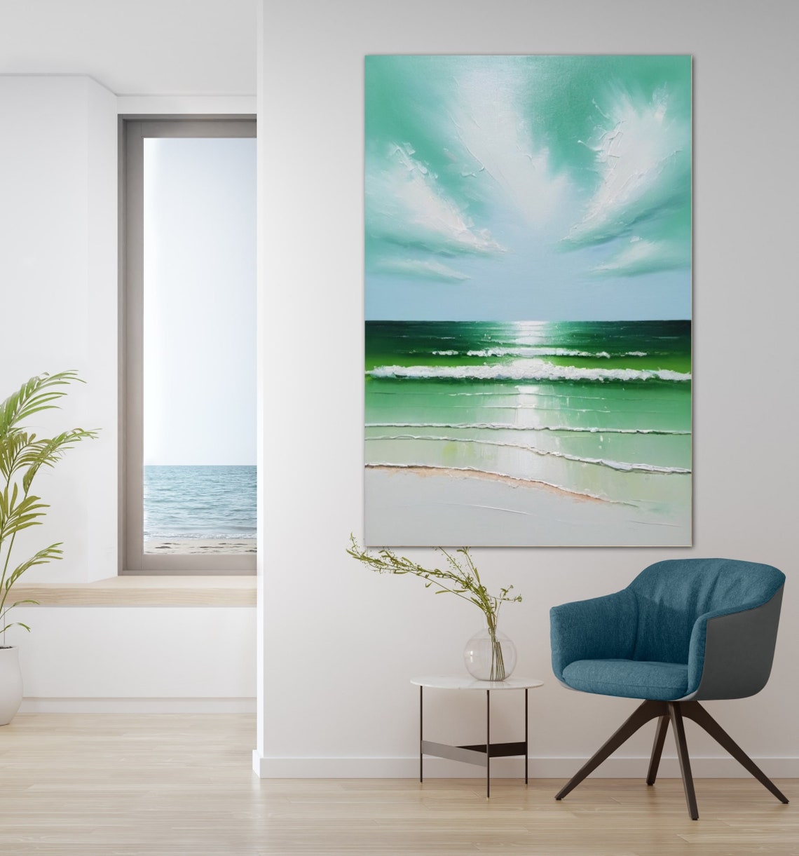 Vertical Mint Green Seascape With Turquoise Waves Beach Shore Poster - Image 2