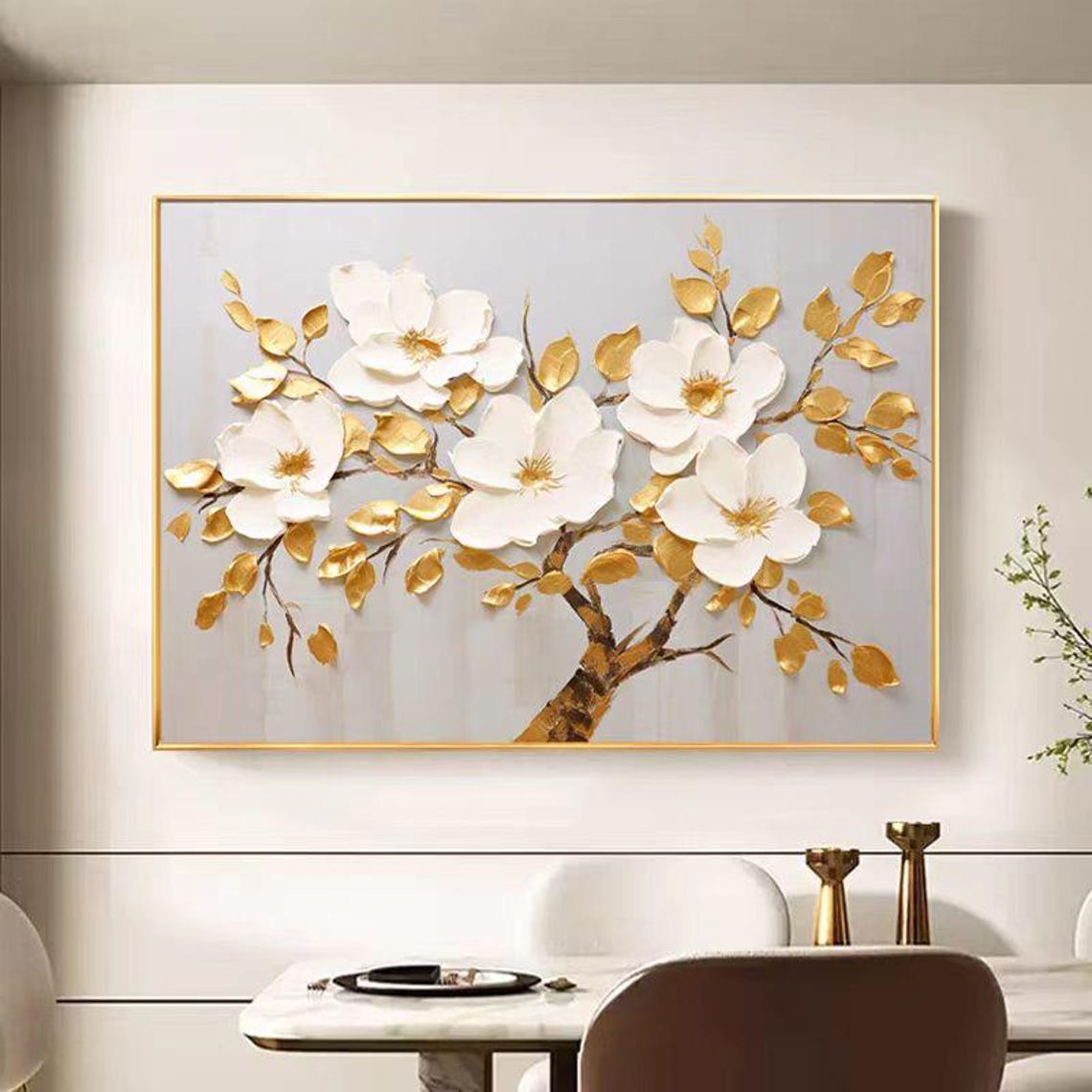 White Blossoms Gold Leaves Branch Textured Horizontal Floral Poster - Image 2
