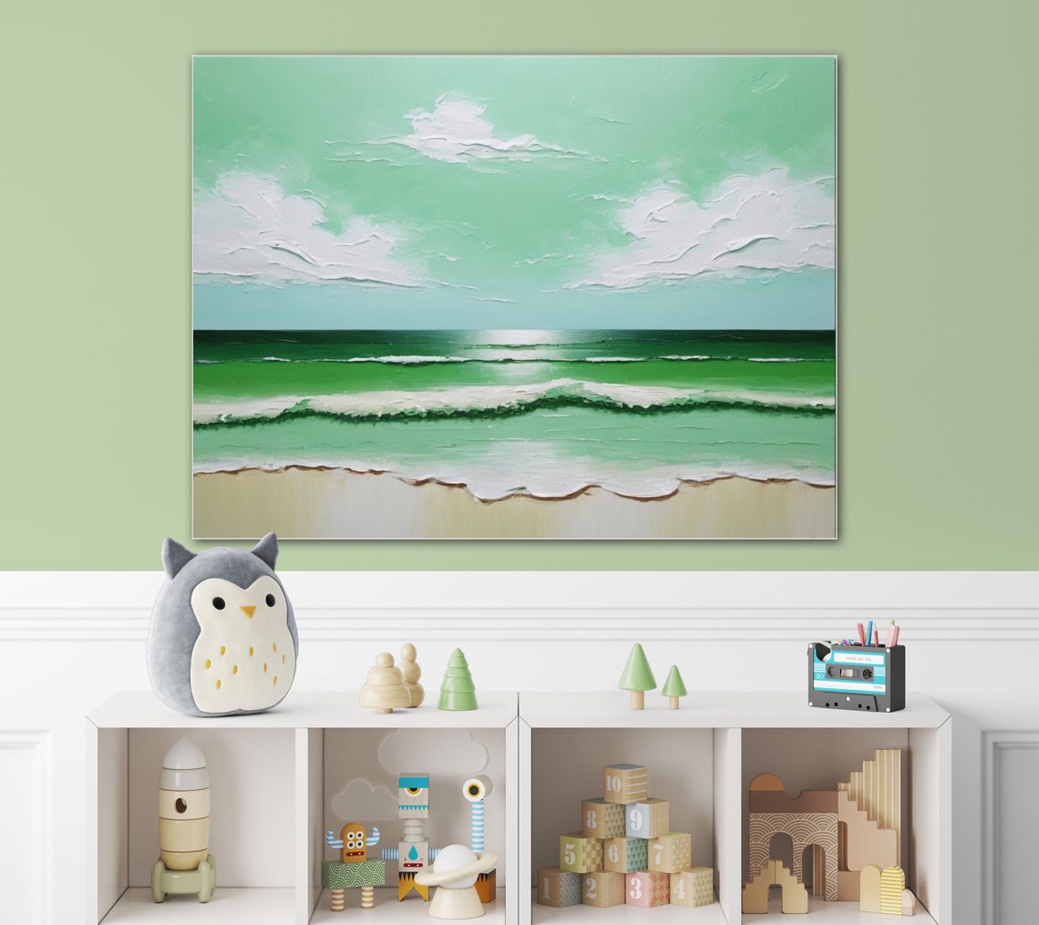 Mint Green Beach Seascape With White Clouds Wide Panoramic Poster - Image 2