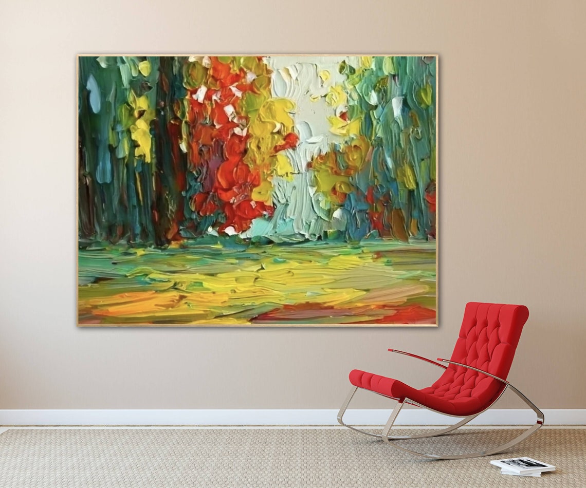 Colorful Forest Edge in Green and Red Impasto Landscape Poster - Image 3